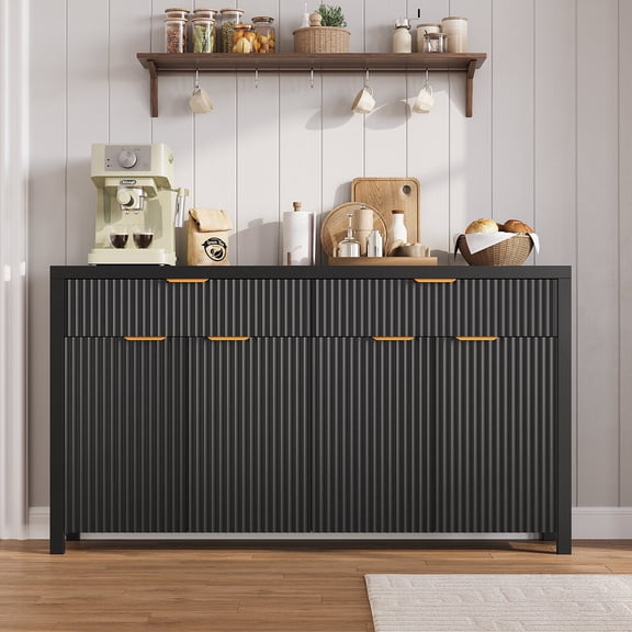 Aufeile 55" Fluted Buffet Sideboard Cabinet with 2 Drawers and Adjustable Shelves, Large Credenza for Dining Room Kitchen Storage, Black