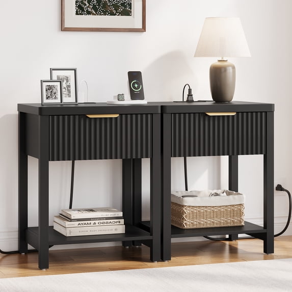 Aufeile Nightstand for Bedroom Set of 2 with Charging Station, Modern Side Table with Drawer & Open Shelf, Fluted End Table with 2 AC Outlets, USB & Type-C, Black