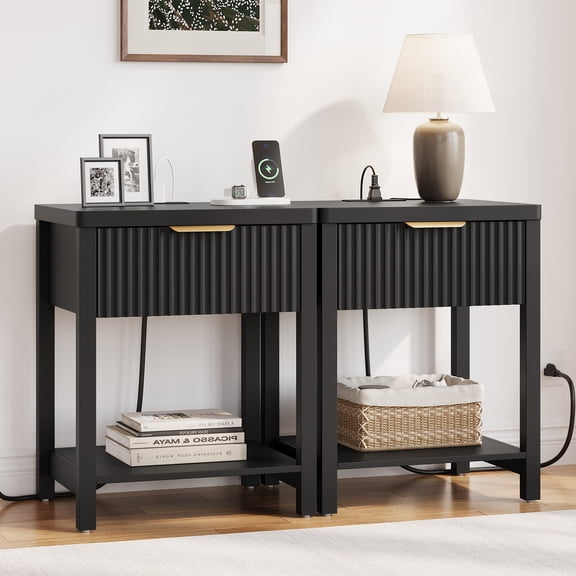 Aufeile Nightstand for Bedroom Set of 2 with Charging Station, Modern Side Table with Drawer & Open Shelf, Fluted End Table with 2 AC Outlets, USB & Type-C, Black