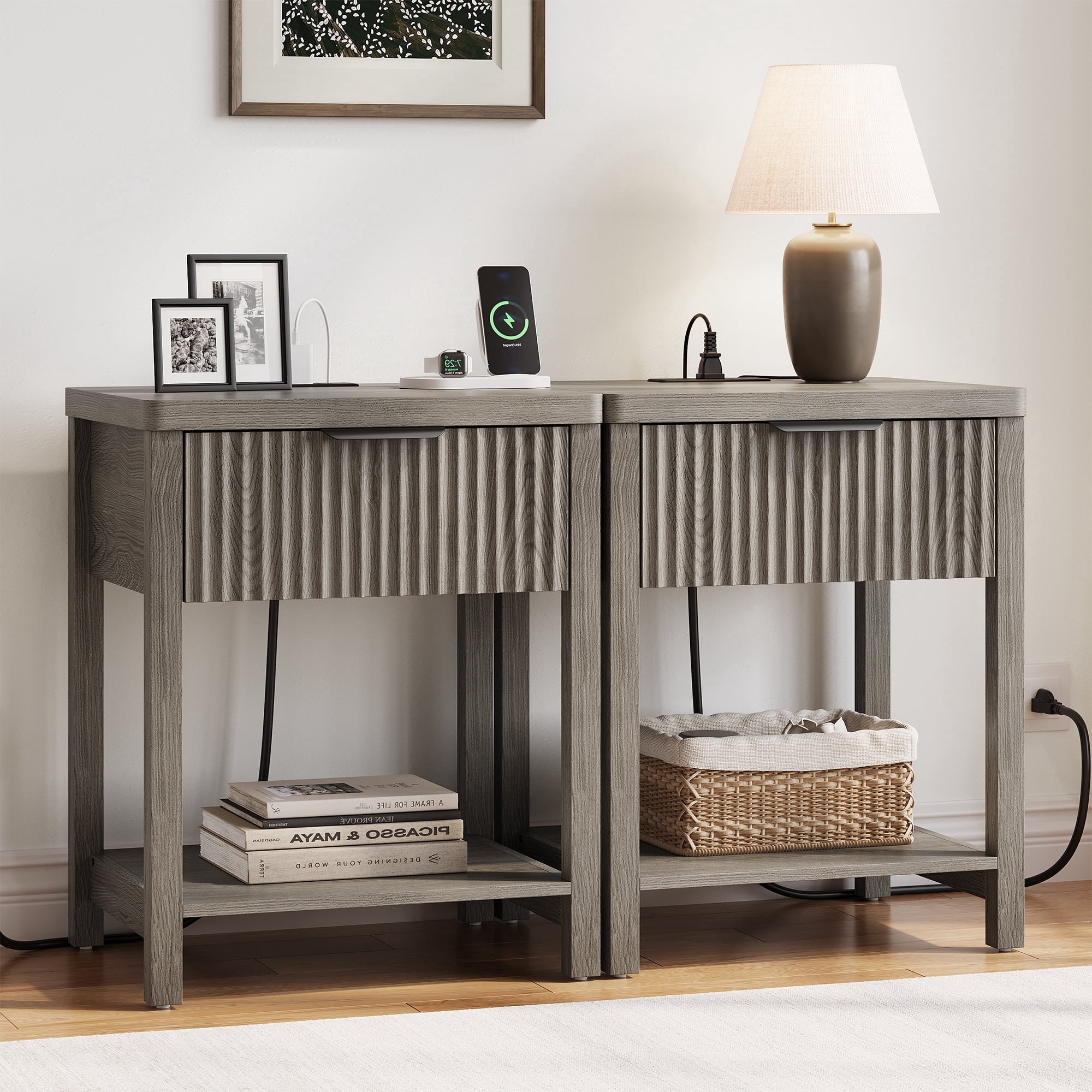 Aufeile Nightstand for Bedroom Set of 2 with Charging Station, Modern Side Table with Drawer & Open Shelf, Fluted End Table with 2 AC Outlets, USB & Type-C, Dark Gray