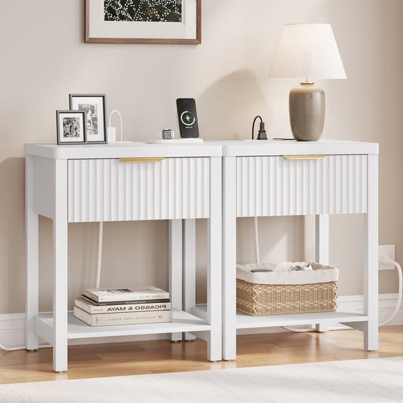 Aufeile Nightstand for Bedroom Set of 2 with Charging Station, Modern Side Table with Drawer & Open Shelf, Fluted End Table with 2 AC Outlets, USB & Type-C, White