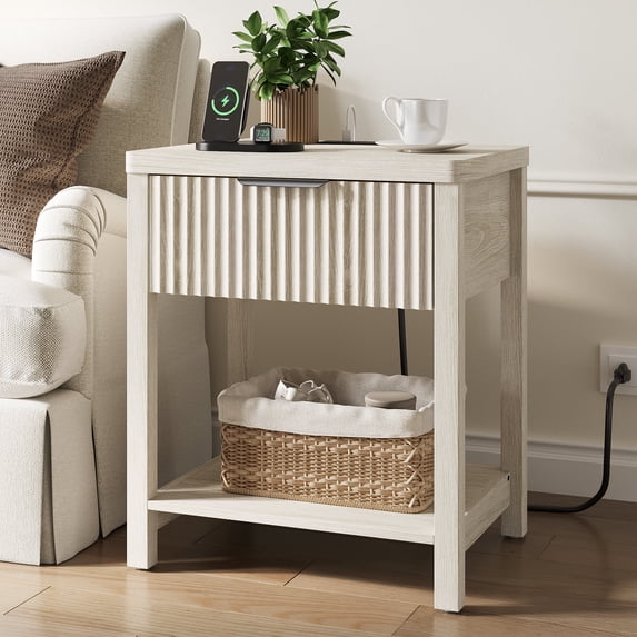 Aufeile Fluted Nightstand with Charging Station, Bedside Table with Drawer & Open Shelf, Small Wood Nightstand with 2 AC Outlets USB & Type-C, Bedroom Side Table, White Gray
