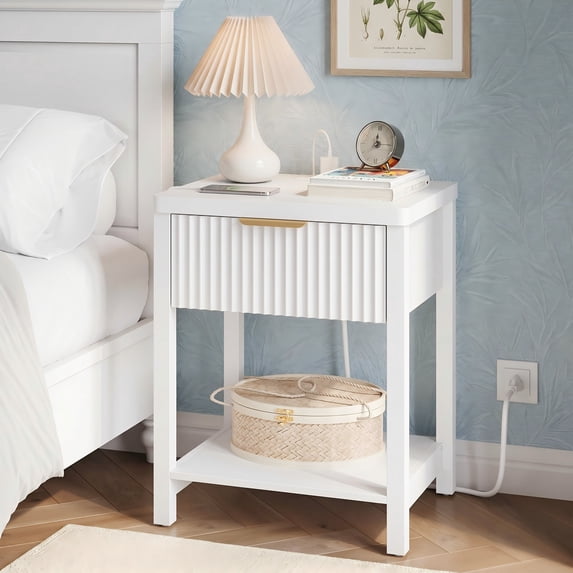 Aufeile Fluted Nightstand with Charging Station, Bedside Table with Drawer & Open Shelf, Small Wood Nightstand with 2 AC Outlets USB & Type-C, Bedroom Side Table, White