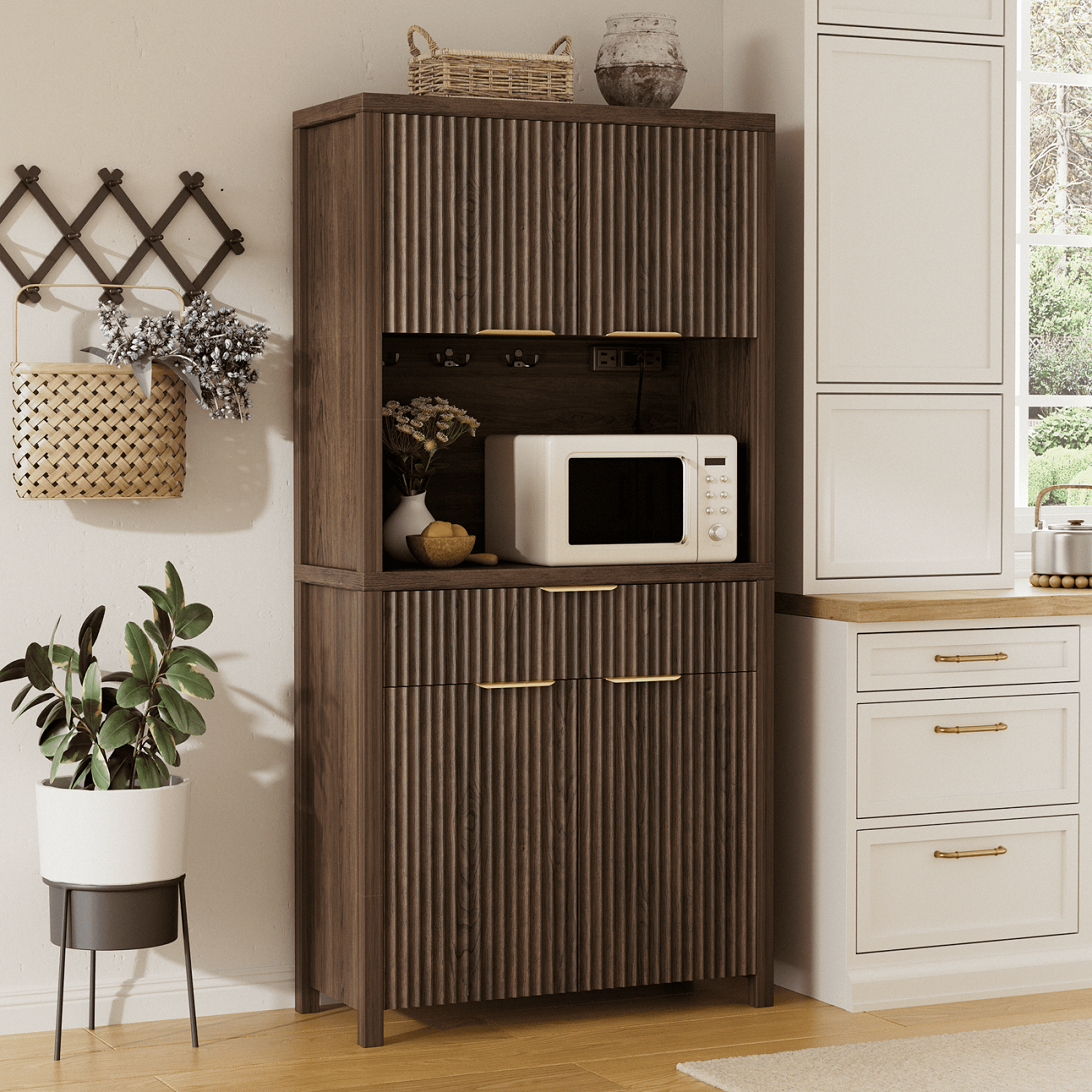 Aufeile 71" Tall Pantry Storage Cabinet with Drawer and Charging Station, Fluted Pantry Cabinet with Adjustable Shelves for Kitchen Dining Room Living Room, Black