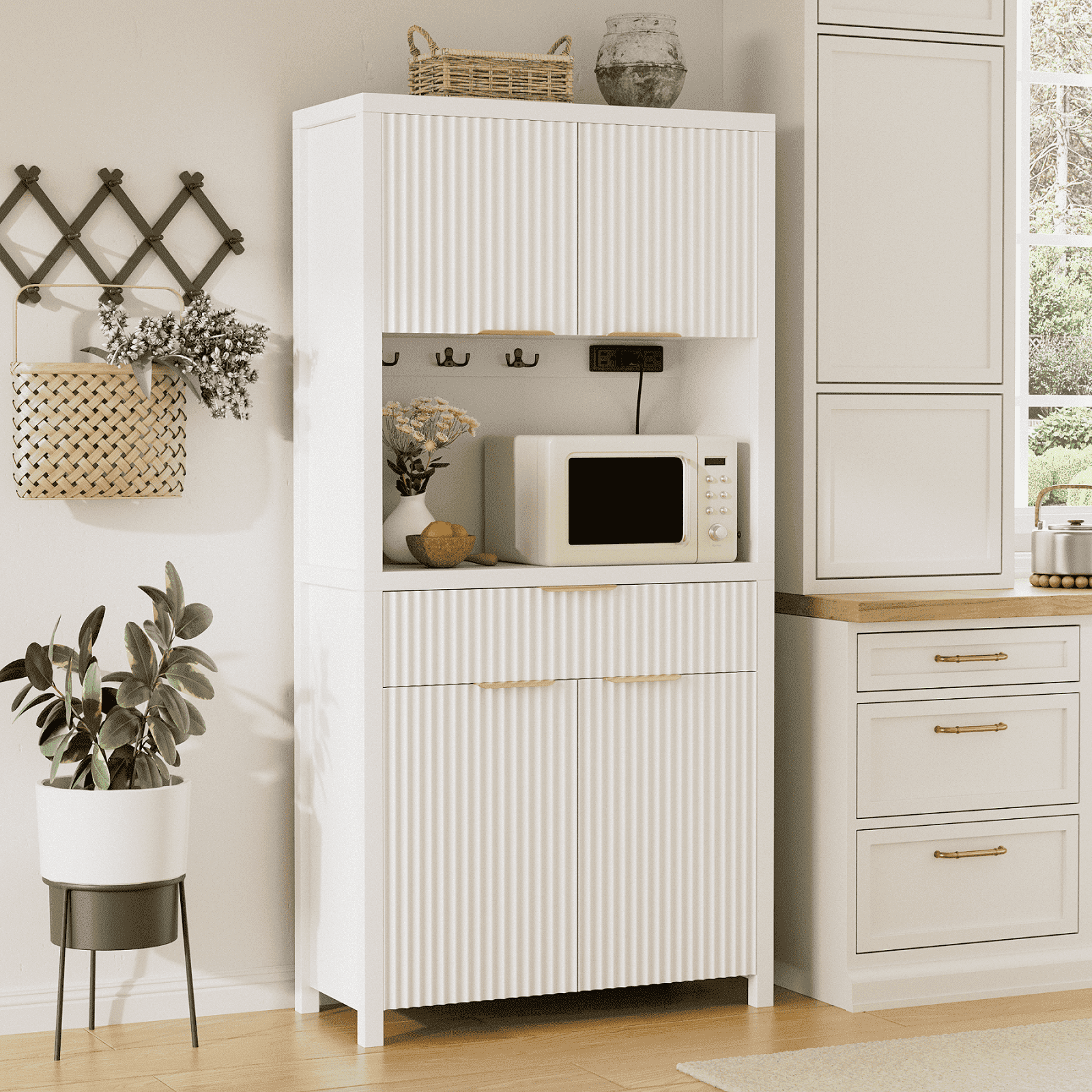 Aufeile 71" Tall Pantry Storage Cabinet with Drawer and Charging Station, Fluted Pantry Cabinet with Adjustable Shelves for Kitchen Dining Room Living Room, White