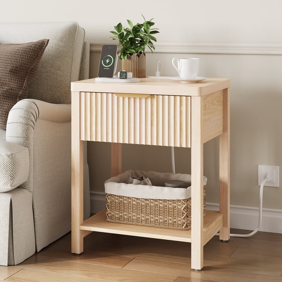 Aufeile Fluted Side Table with Charging Station, Modern End Table with Drawer & Open Shelf, 2 AC Outlets + USB & Type-C, Wood Accent Table for Living Room or Bedroom, Natural