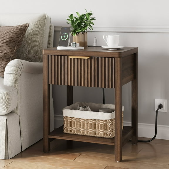 Aufeile Fluted Side Table with Charging Station, Modern End Table with Drawer & Open Shelf, 2 AC Outlets + USB & Type-C, Wood Accent Table for Living Room or Bedroom, Walnut