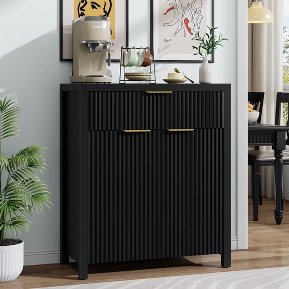 Aufeile Buffet Sideboard Cabinet with Drawer & Adjustable Shelf, Fluted Buffet Table with Storage, Modern Home Accent Furniture for Kitchen, Dining Living Room, Entryway, Black