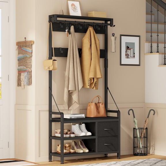 Aufeile Hall Tree with Bench, 6-in-1 Entryway Storage Organizer with Shoe Rack, 17 Hooks, 2 Drawers, Hanging Rod & Top Shelf, Industrial Coat Rack for Hallway, Living Room, Black