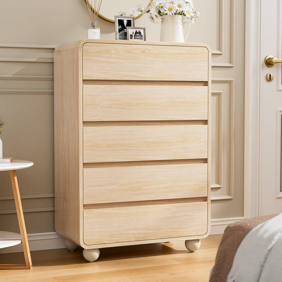Aufeile 41" Tall Dresser for Bedroom, Modern 5 Drawer Dresser with Curved Profile, Wood Chest of Drawers for Bedroom, Vertical Storage Dresser for Living Room, Entryway, Natural