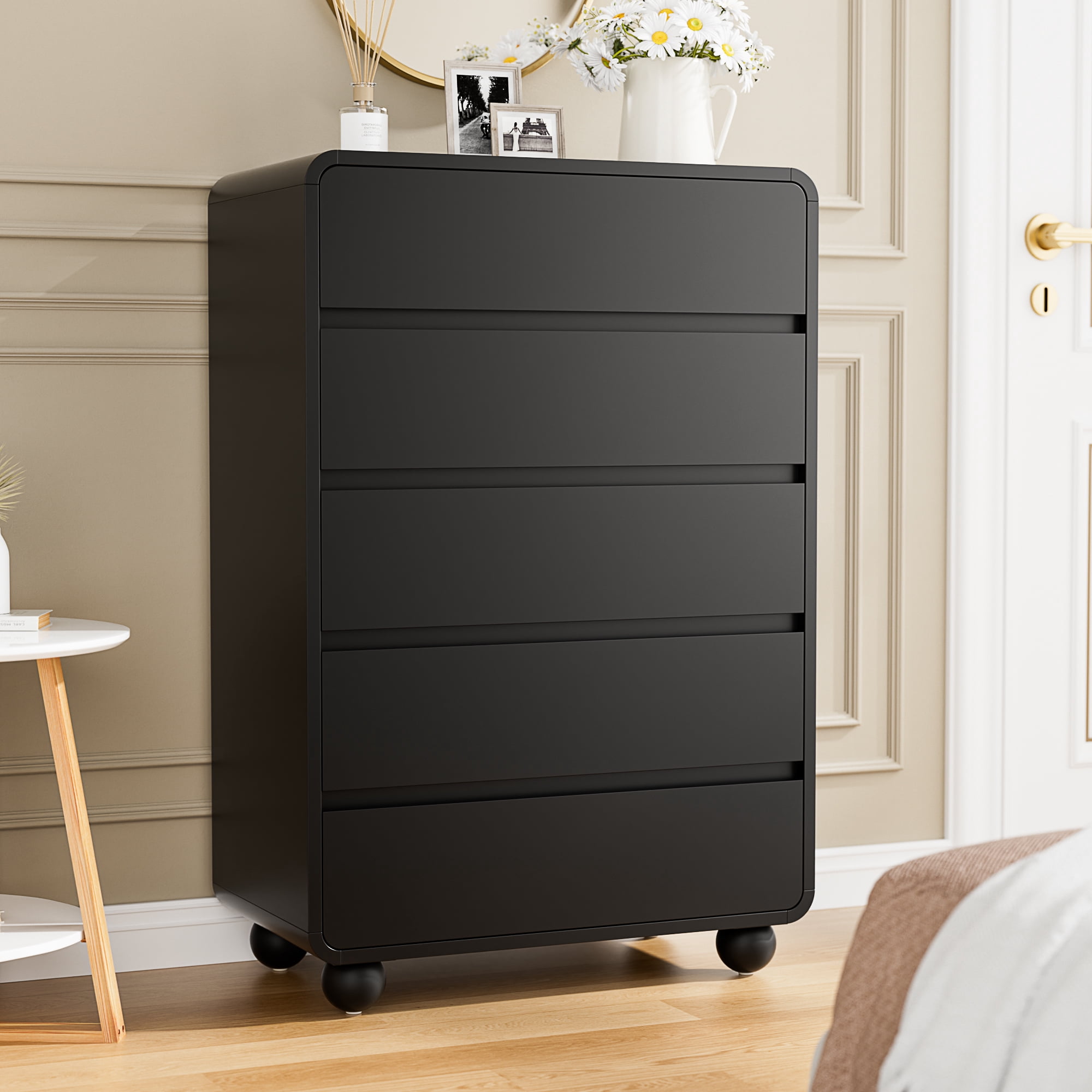 Aufeile 41" Tall Dresser for Bedroom, 5 Drawer Modern Wood Dresser with Curved Profile, Chest of Drawers for Bedroom, Vertical Storage Cabinet for Living Room, Entryway, Black