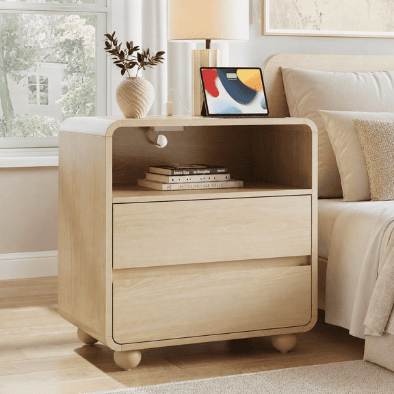 Aufeile Nightstand with Charging Station, Modern Curved Night Stand with 2 Drawers & Open Shelf, Wood Bedside Table for Bedroom, Natural Oak
