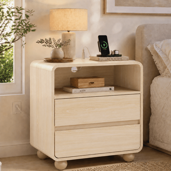 Aufeile Modern Nightstand with Charging Station, 23.6" Wood Night Stand with 2 Drawers & Open Shelf, Curved Bedside Table with USB & Type-C Ports for Bedroom, Living Room, White