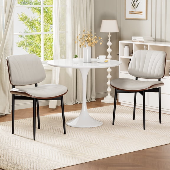 Aufeile Dining Chairs Set of 2, Faux Leather Cushioned Kitchen Chairs with Walnut Wood Back, Shell Pattern Seat & Metal Legs, Mid-Century Modern Dining Room Chairs, Beige