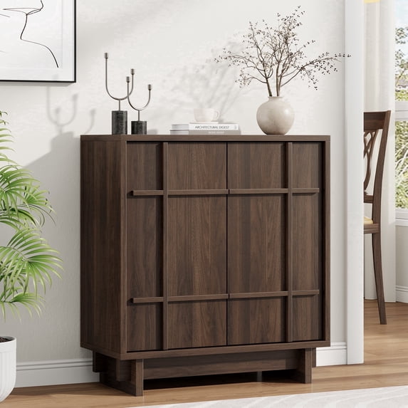 Aufeile 30" Modern Slatted Sideboard, Farmhouse Buffet Cabinet with Adjustable Shelves, Accent Storage Credenza for Dining Room, Walnut