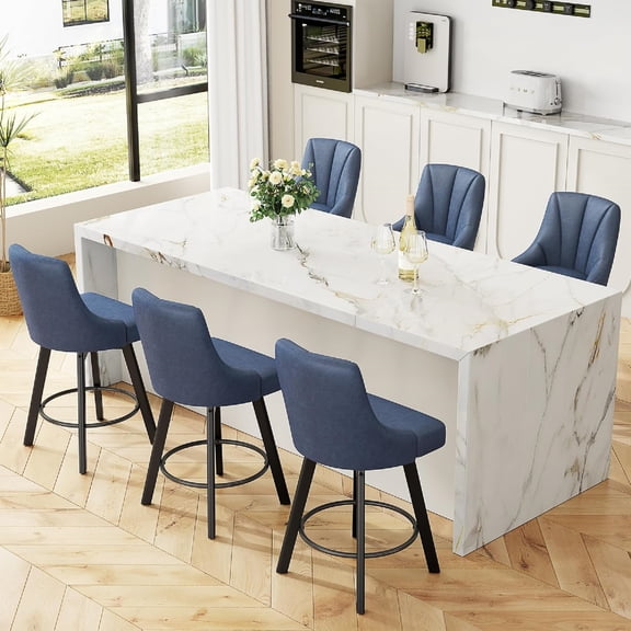 Aufeile Modern Swivel Bar Stools, 24" Counter Height Kitchen Island Chairs with Back, PU Leather Upholstered Barstools, Blue Set of 6