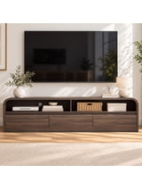 Aufeile Modern TV Stand for TVs Up to 80 Inch, 70" Entertainment Center with 3 Drawers & Storage, Curved TV Console Table, Walnut