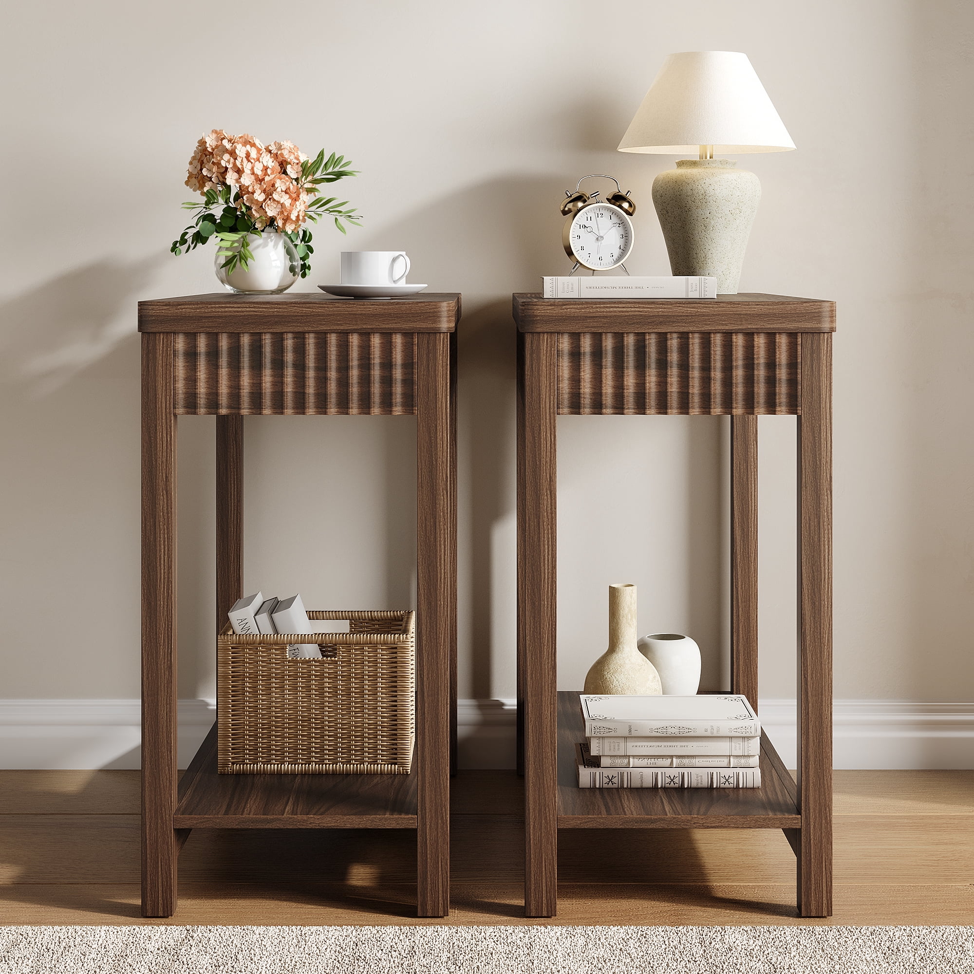 Small Sign Storage Rack Aufeile End Table Set of 2, Narrow Fluted Boho Wood Side Table with ...