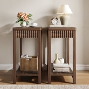 Aufeile End Table Set of 2, Narrow Fluted Boho Wood Side Table with Storage Shelf, Small Space Accent Table, Walnut