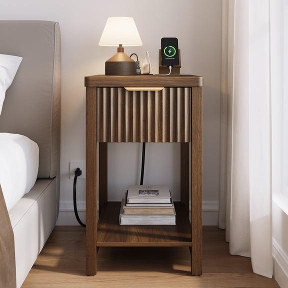 Aufeile Narrow Nightstand for Bedroom with Charging Station, Slim Fluted Nightstand with Drawer & Open Shelf, Small Wood Bedside Table for Small Spaces, Bedroom Side Table, Walnut