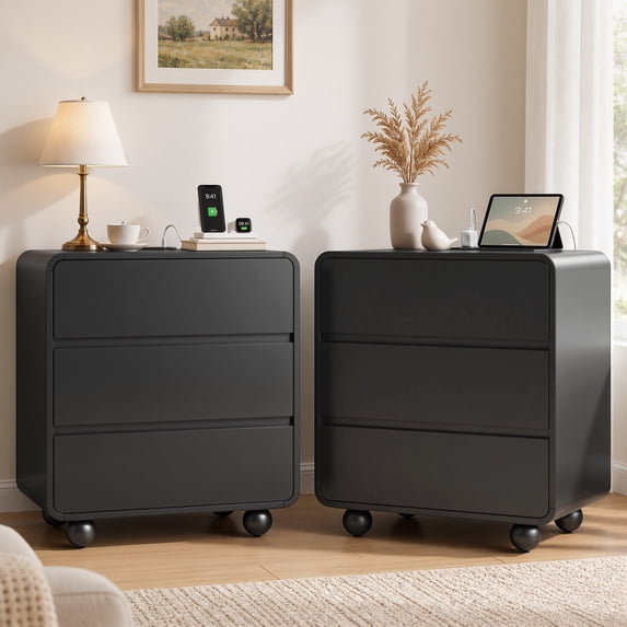 Aufeile Night Stands for Bedroom Set of 2 with Charging Station, Modern Curved Night Stands with 3 Drawers, Bedside Tables, Black