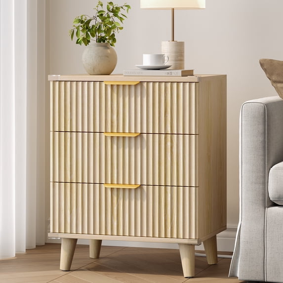 Aufeile Nightstand with Charging Station, 3 Drawer Nightstand for Bedroom, Fluted Bedside Table with USB Ports, Modern Wood Bedroom Side Table with Drawers, Natural