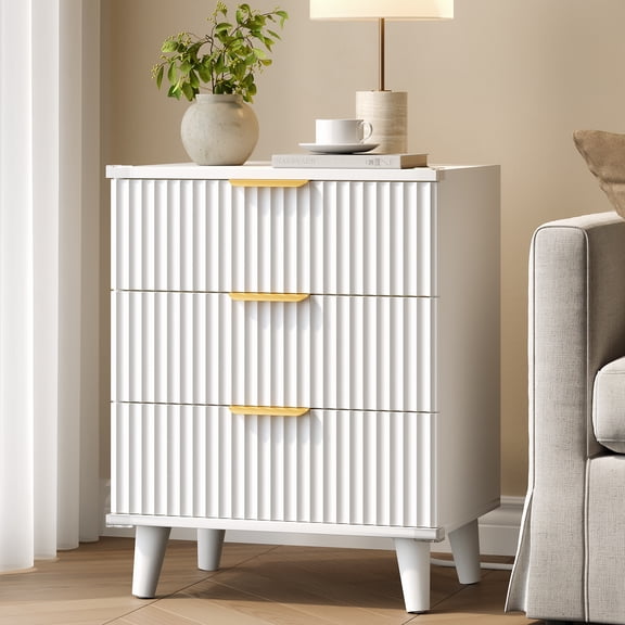 Aufeile Nightstand with Charging Station, 3 Drawer Nightstand for Bedroom, Fluted Bedside Table with USB Ports, Modern Wood Bedroom Side Table with Drawers, White