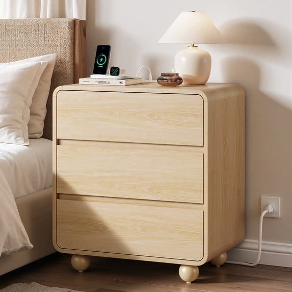 Aufeile 3 Drawer Nightstand with Charging Station, Modern Curved Night Stand with Hidden Handles, Bedside Table for Bedroom, Natural