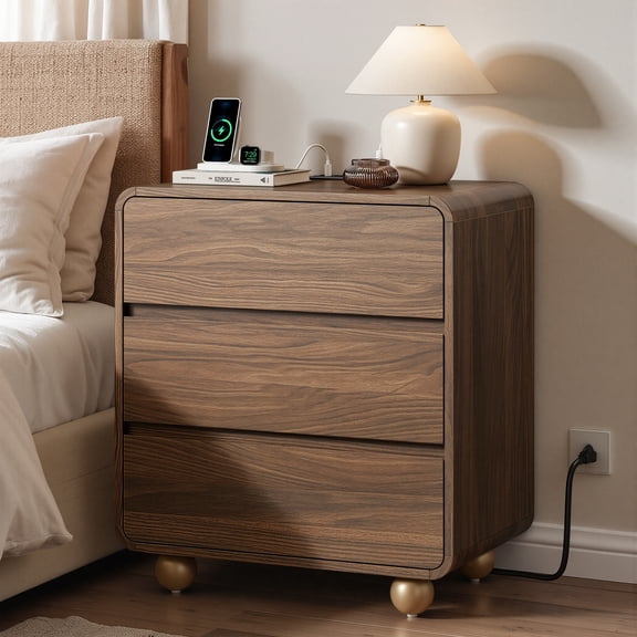 Aufeile Nightstand with Charging Station, Modern Curved Nightstand with 3 Drawers, Bedside Table for Bedroom, Walnut
