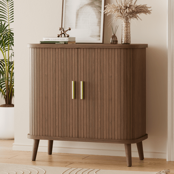 Aufeile 31" Modern Sideboard Buffet Cabinet, Sliding Tambour Door Accent Cabinet with Adjustable Shelves for Dining Room, Living Room, Kitchen, Entryway, Walnut