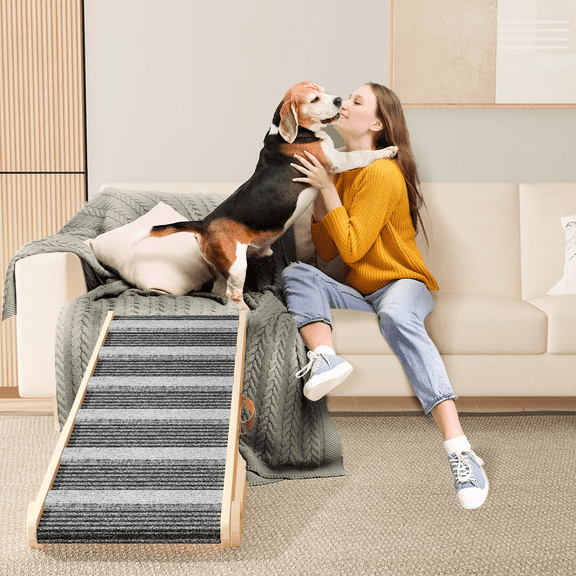 Aufeile Wooden Pet Ramp for Dogs & Cats with Non-Slip Carpet, 7 Adjustable Height for 10.8" to 26.6", Portable Dog Ramp for Couch, Car, Bed