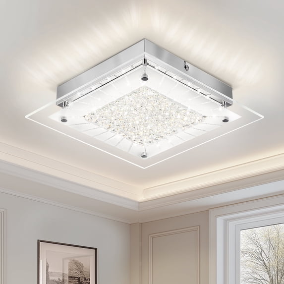 Auffel Crystal Ceiling Light Fixture Dimmable Square Bathroom Light Fixtures LED Flush Mount Ceiling Light for Bedroom Hallway Living Room 11 Inch Glass 4000K