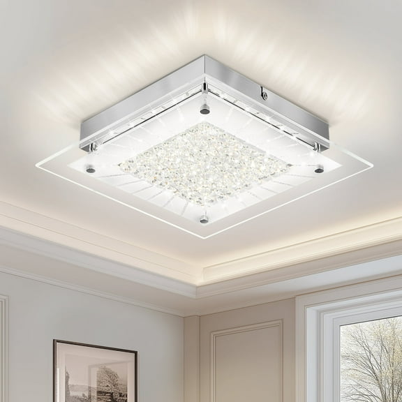 Auffel Crystal Ceiling Light Fixture Dimmable Square Bathroom Light Fixtures LED Flush Mount Ceiling Light for Bedroom Hallway Living Room 11 Inch Glass 4000K