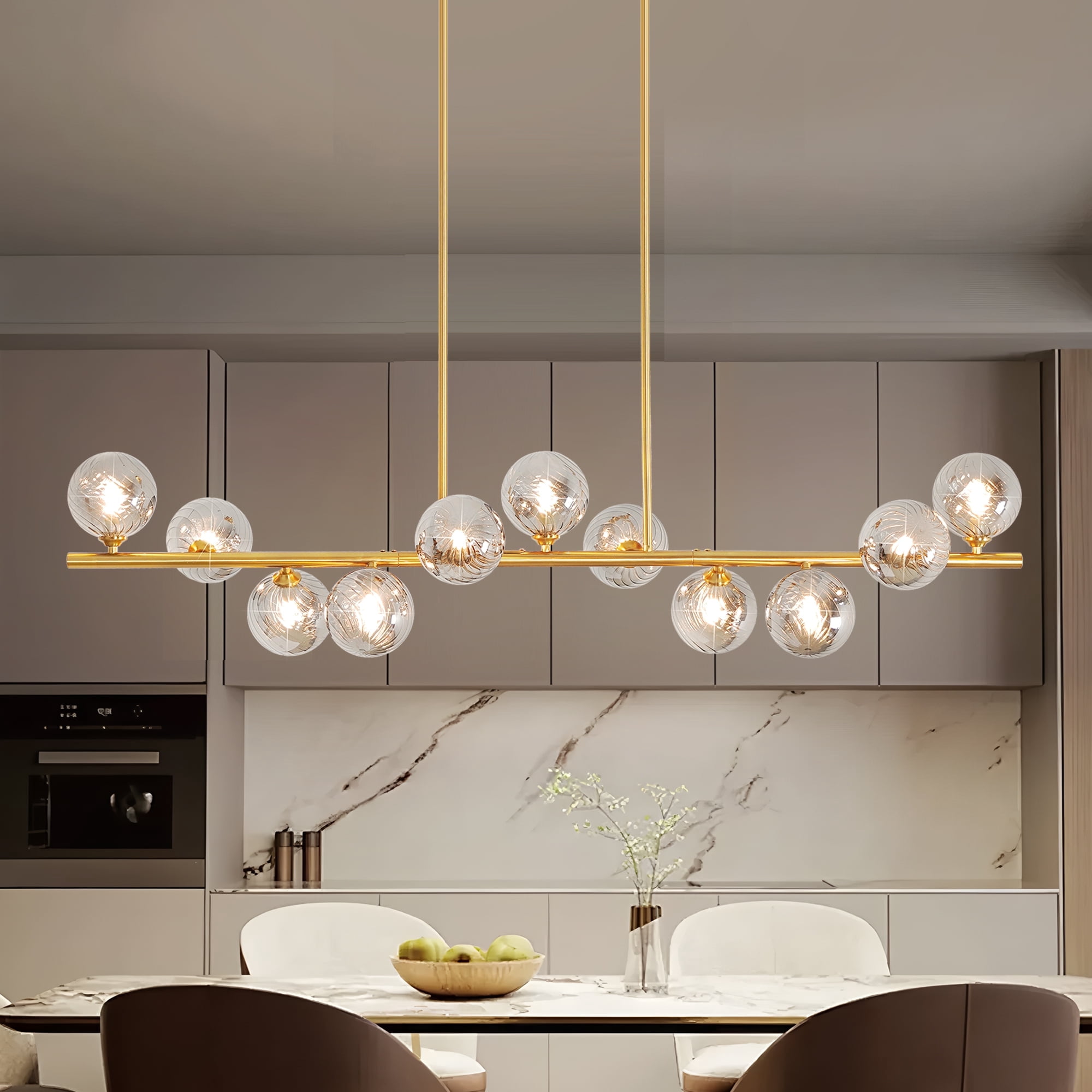 Auffel Dining Room Light Fixtures over Table With Gray Globe 51 Inch,Gold Linear Chandeliers for Dining Room 11 Lights Globe Chandelier for Kitchen Island Swirled Lampshade