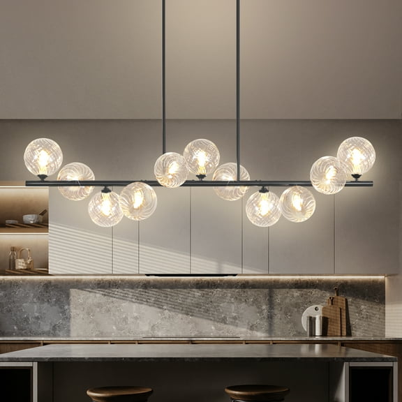 Auffel Linear Chandelier Chandeliers for Dining Room with Clear Swirled Glass Globe Dining Room Light Fixture for Kitchen Island Living Room 51inch 11-Lights Black