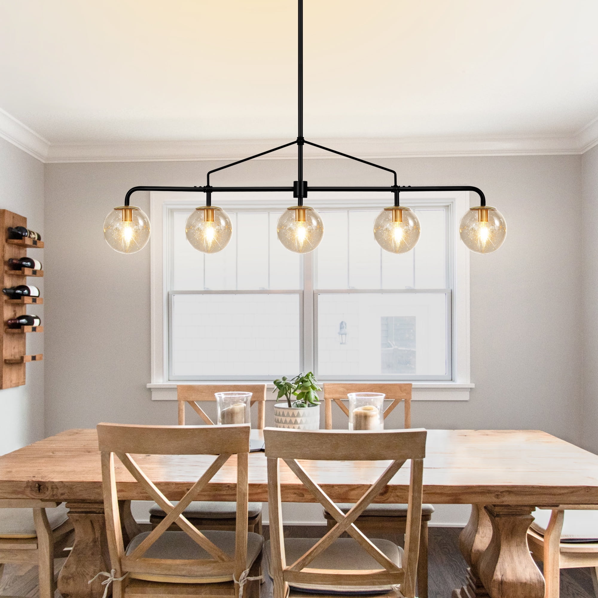 Auffel Dining Room Light Fixtures over Table 39 Inch Linear Chandeliers for Dining Room,Balck and Gold 5-Light Pendant Lights Kitchen Island,Seeded Glass Globe Lampshade