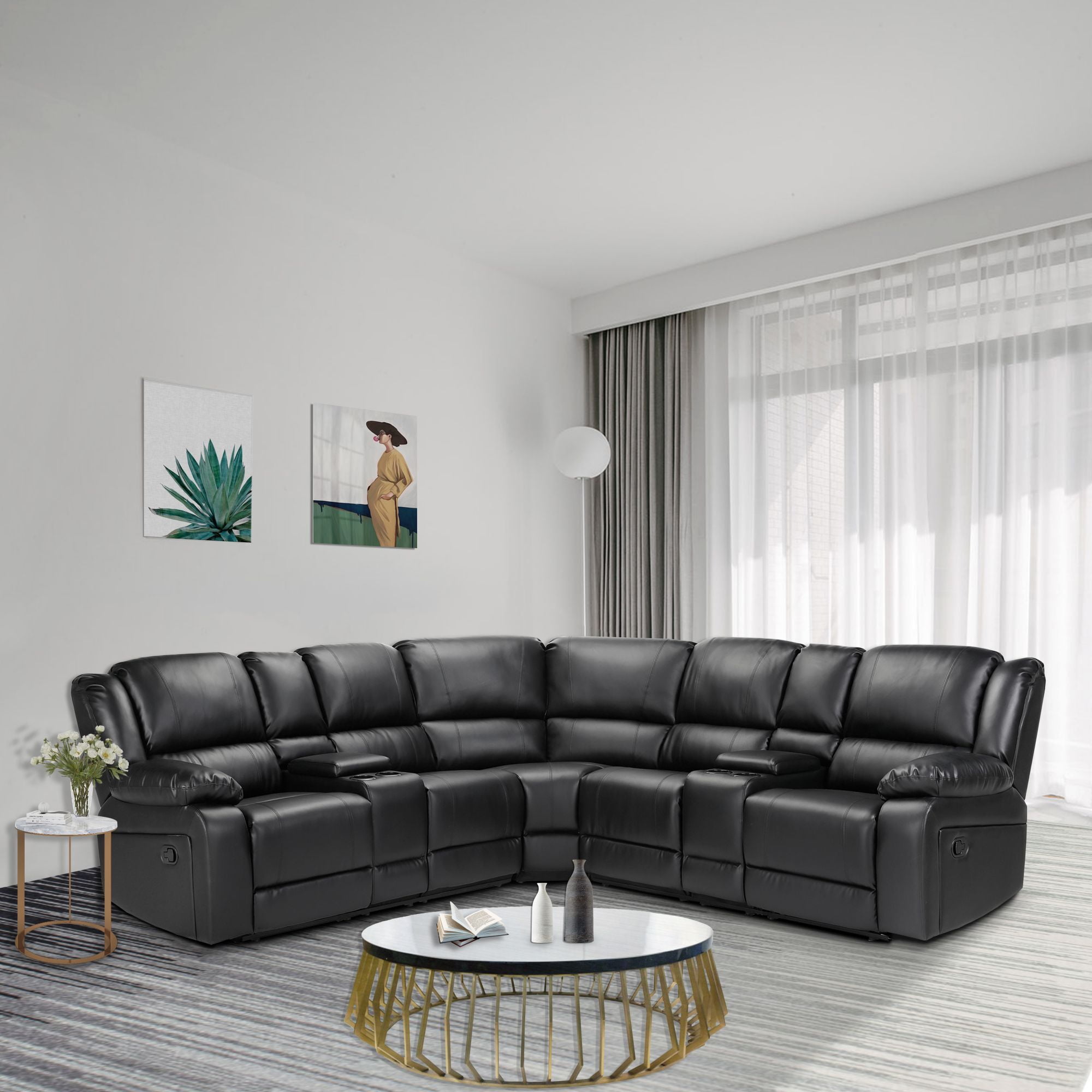 Aufka 5 Seater Sectional Sofa Couch,107" Reclining Sofa Chair for Living Room with Cup Holder,Black