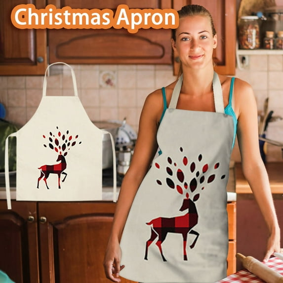 Aufmer 1 Pcs Funny Christmas Kitchen Aprons for Women Men Adjustable Cooking Chef Aprons Waterproof Linen Bib Aprons Cute Xmas Party Gift