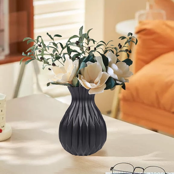 Aufmer 1 Pcs Modern Hydroponic Vase, Ceramic-Look Plastic Design, Water Storage Base, Decorative Flower Arrangement, 6.69x4.33x4.33in(Black)