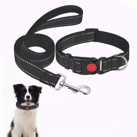 Aufmer 1 Pcs Reflective Dog Collar & Leash Set, Adjustable Nylon Pet Safety Gear with Locking Buckle, 59in(Black)