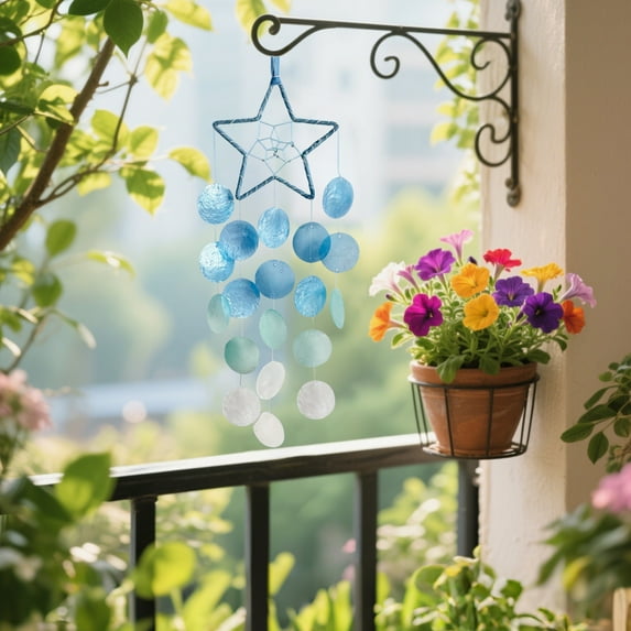 Aufmer 1 Pcs Star and Seashell Wind Chime, Woven Dreamcatcher Ornament with Crystal Details, Home and Garden Decor(Blue)