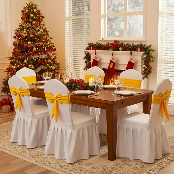Aufmer 1 Pcs Stretch Chair Bow Decorations, Polyester Holiday Party Ties for Christmas and Wedding, Elegant Floating Decorative Tape(Yellow)