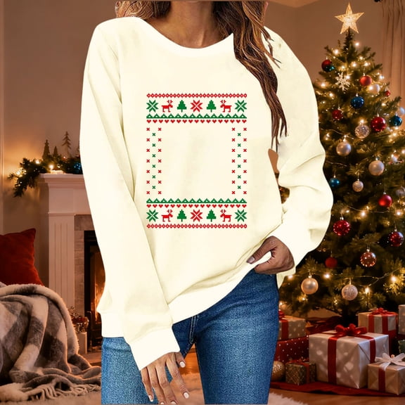 Aufmer 1 Pcs Women's Printed Long Sleeve T-Shirt, Loose Fit Casual Blouse, Fashion Round Neck Top for Daily Wear(Beige)