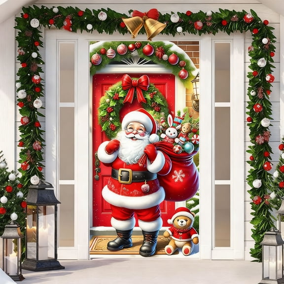 Aufmer 2 Pcs Christmas Themed Door Cover with Festive Patterns, Polyester Background Decor for Holiday Parties, Winter Seasonal Display for Entryway and Wall Decorations(Multicolor)