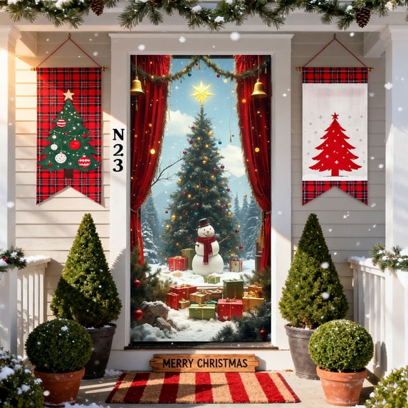 Aufmer 2 Pcs Jolly Santa Door Cover, Extra Large Holiday Entrance Decor, Polyester Fabric Hanging for Christmas Party, Reusable Wall Display(Multicolor)