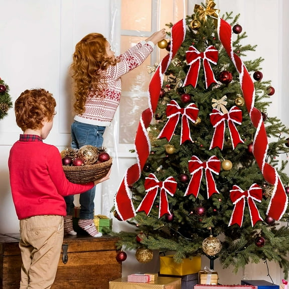 Aufmer 2 Pcs Red Velvet Christmas Wired Ribbon, Perfect for Tree Decorations, Wreaths, Bows, Crafts, Gift Wrapping, 2m(Red)