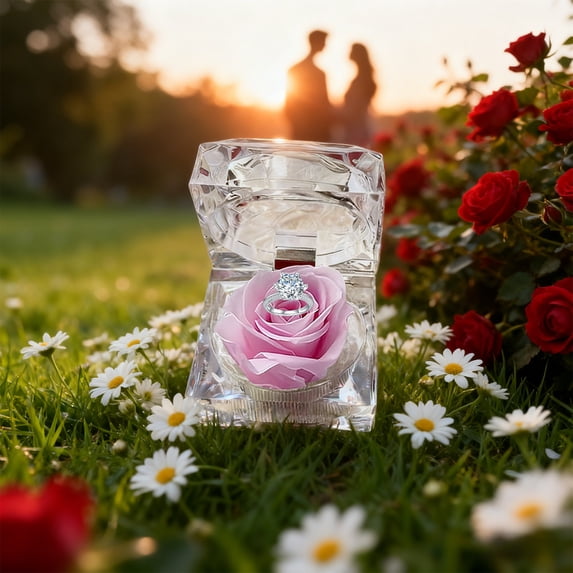 Aufmer 2 Pcs Transparent Rose Jewelry Box, Heart Shaped Acrylic Ring Case for Valentine's Day, Preserved Flower Gift Box for Engagement Proposal, Special Occasion Present for Lovers(Pink)
