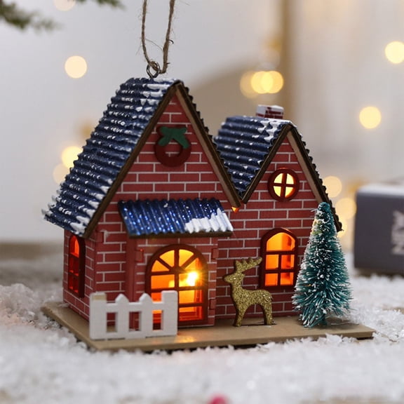 Aufmer 3 Pcs Christmas Village Log Cabin, Lighted Snow Village Houses Ornament Wooden Village Collection Rustic House Figurines Xmas Decorative Hanging Ornaments for Christmas Decor