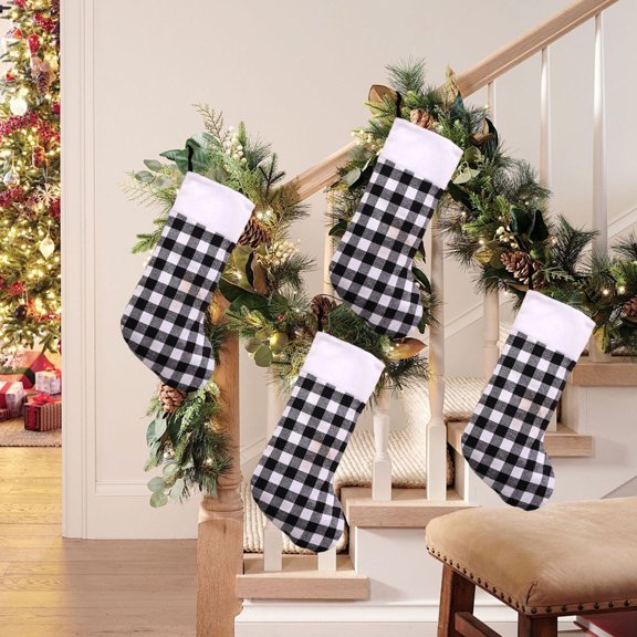 Aufmer 3 Pcs Red and Black Checkered Christmas Socks for Hanging Display, Festive Stocking Decor with Velvet Accents, Holiday Candy Bags and Gift Pendants for Seasonal Decorations(Multicolor)