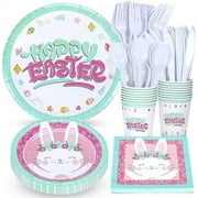 Aufmer 96Pcs Happy Easter Bunny Party Plates Supplies - Peeps Rabbits Party Tableware Decorations Disposable Paper Plates Napkins Forks for Kids Easter Spring Birthday Baby Shower┃ Serves 24 Guests